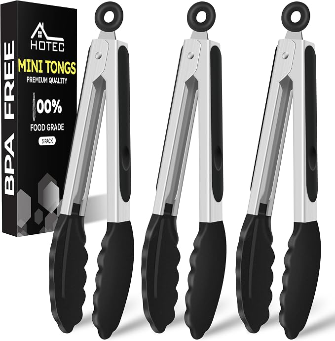 Hotec Mini Silicone Kitchen Tongs for Cooking - 7-Inch Small Serving Tongs with Silicone Tips, Set of 3 (Black)
