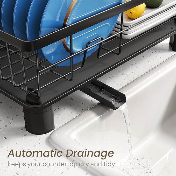 SNTD Dish Drying Rack for Small Kitchen Counter, 11" W x 15" L, Black | Space Saving, Rotating Spout & Angled Drainboard for Quick Drainage, Stainless Steel, Removable Utensil Holder