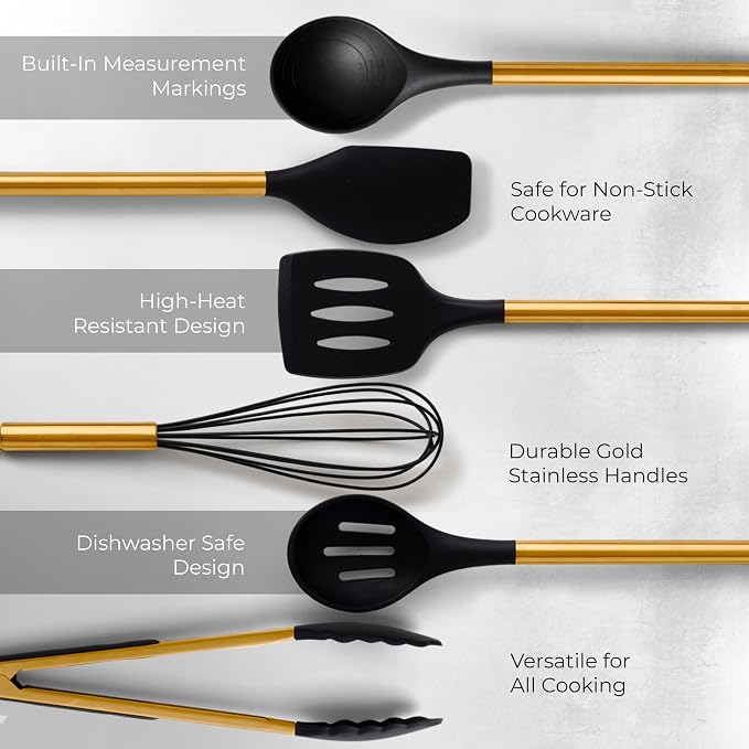Styled Settings Black and Gold Kitchen Utensils Set with Holder, 8-Piece | Heat Resistant, Nonstick, Black Silicone Cooking Utensils Set, Ceramic Utensil Holder & Stackable Gold Spoon Rest