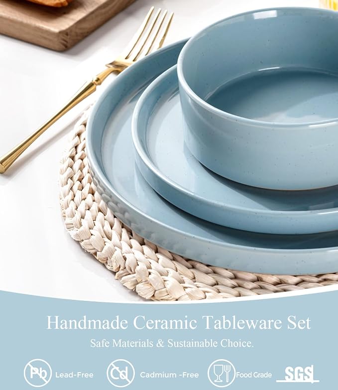 AmorArc Stoneware Dinnerware Sets for 4,12Pcs Plates and Bowls Set | Handmade Ceramic Dish Set,Dishwasher & Microwave Safe,Scratch Resistant-Light Blue
