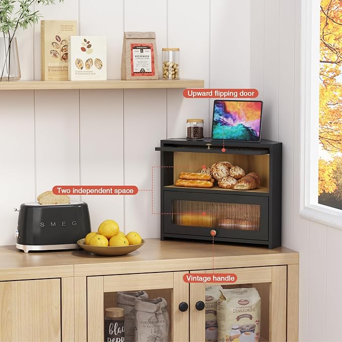Goozii Corner Bread Box for Kitchen Countertop, Double Layer Large Breadbox for Counter Top, 2 Tier Roll Up Vintage Farmhouse Homemade Bread Storage Container Holder Keeper for Cabinet (Black)