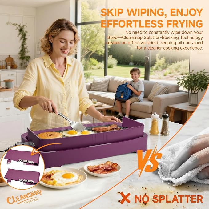 Cleansnap Everyday Electric Griddle, Great Gift for Family Feasts - 20” Nonstick Grill with Foldable Anti-Mess Shield, Rapid 1700W Heat & PPG Ceramic Coating, Dishwasher Safe, Twilight Purple