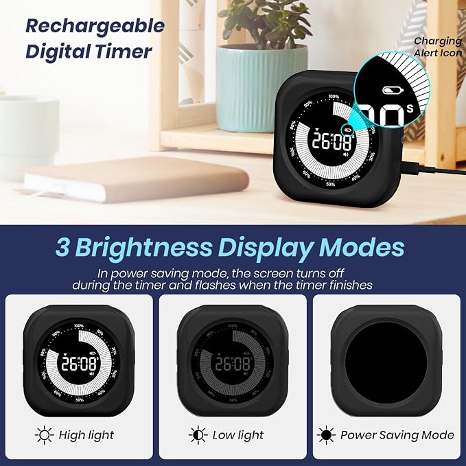 PERSUPER Visual Timer for Kids, Rechargeable 10-Hour Count Up/Down Timer | with 3 Brightness Display, 3 Volume Levels and Magnetic, Homeschool Study Tool, Large Digital Timers for Kitchen, Classroom