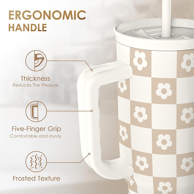 SANDJEST Checker Tumbler with Handle and Straw 40oz – Stainless Sleel Slider Tumbler Travel Coffee Mug for Women - Gift Idea for Birthday Christmas