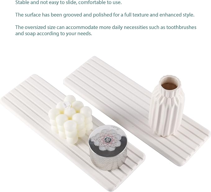 NiuYichee 2 PCS Water Absorbent diatomite Coasters, 12.2" x 4" Water Absorbing Stone Tray for Sink, Stone Drying mat for Kitchen Counter, Stone soap Tray Used for Hand Soaps & toiletries & Plants