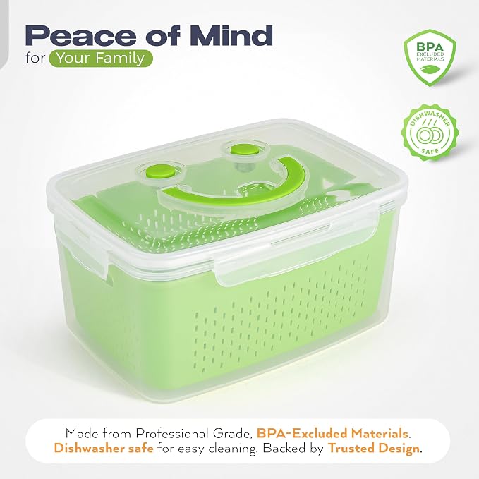 Fruit Storage Containers for Fridge - Set of 4 - Airtight Lid Keeps Fresh - For Fruit & Vegetable Storage - Space-Saving Design - Ideal for Produce, Berries, Snacks - Green