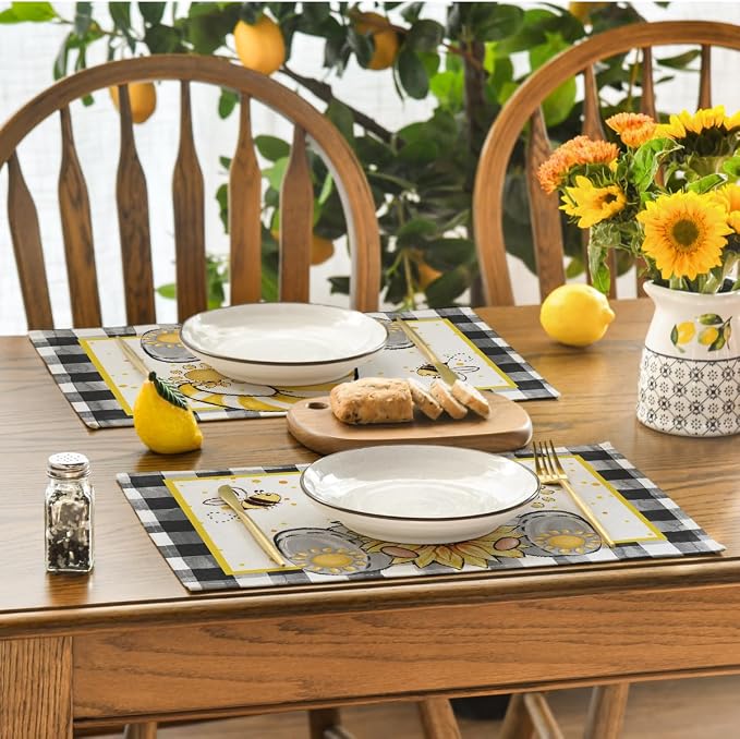 Artoid Mode Buffalo Plaid Gnome Bee Sunflower Summer Placemats Set of 4, 12x18 Inch Seasonal Spring Table Mats for Party Kitchen Dining Decoration
