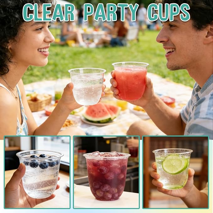 Alaeseje 50 Pcs Disposable Stemless Wine Glasses,12 oz Cocktail Cups | Round Bottom Clear Plastic Party Cups for Meeting Weddings Birthday Party Supplies