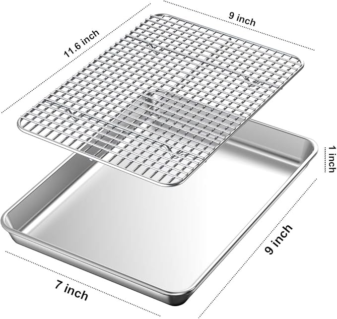 Baking Sheet with Rack Set [2 Pans + 2 Racks], Wildone Stainless Steel Cookie Sheet Baking Pan Tray with Cooling Rack, Size 12 x 10 x 1 Inch, Non Toxic & Heavy Duty & Easy Clean