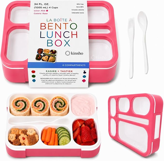 kinsho Bento Box Lunch Containers for Kids Girls Toddlers Women, 6 Compartment Portion Control Kit, Meal or Snack Boxes for School Daycare Work Travel, BPA Free, Utensils, Pink