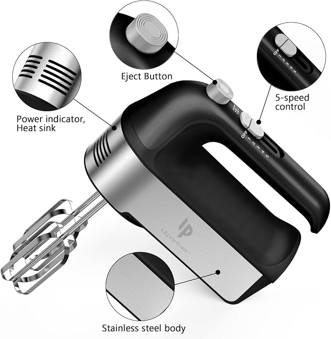 Hand Mixer Electric, 450W Kitchen Mixers with Scale Cup Storage Case, Turbo Boost/Self-Control Speed + 5 Speed + Eject Button + 5 Stainless Steel Accessories, For Easy Whipping Dough, Cream, Black