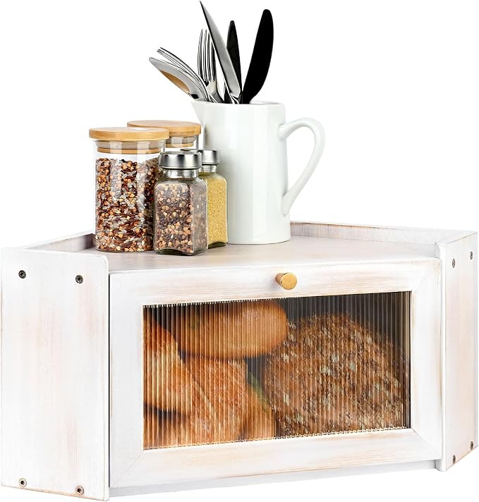 Bread Box for Kitchen Countertop with Acrylic Window White | Farmhouse Bread Storage Container, Large Pantry Organizers for Homemade Snacks, Loaves, Breathable Keeps Bread Fresh