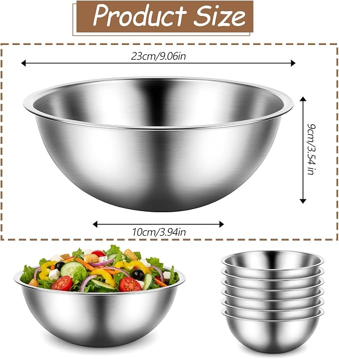 12 Pcs Stainless Steel Mixing Bowls with Graduations, Stainless Steel Bowls, Nesting Metal Prep Salad Bowl, Metal Serving Reusable Baking Food Storage Containers for Kitchen Cooking(9 x 3.5 Inch)