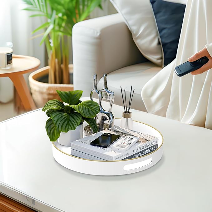 13" White Decorative Tray, Plastic Round Serving Tray with Handles | Decorative Tray for Coffee Table, Modern Ottoman Tray, Circle Tea Tray, Round Melamine Tray for Living Room, Bathroom