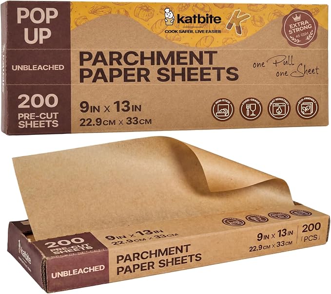 Katbite Parchment Paper Sheets Pop-Up 200 PCS, 9x13 Inches Precut Heavy Duty Baking Parchment, Extra Strong, Unbleached, Non-stick, Non-toxic, Flat Baking Paper for Oven, Cooking, Grilling, Air Fryer