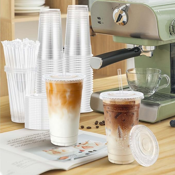 Clawsoff 500 Pack 20 oz Disposable Clear Plastic Cups with Lids and Straws | Leak-Proof Sturdy Cold Drink Cups for Iced Coffee, Smoothies, Juice, Parties & Business