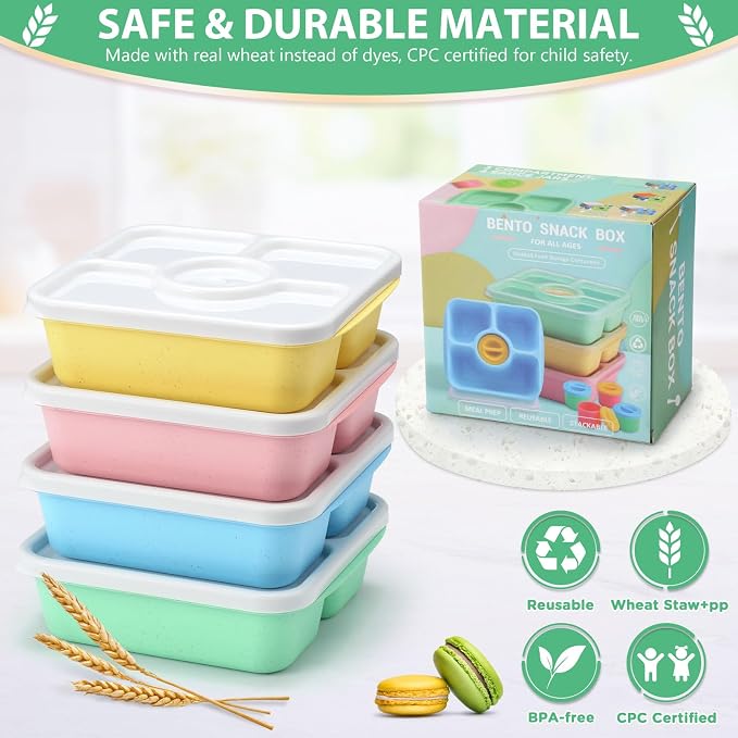 QQKO Bento Snack Box Containers for Adults Kids, 4 Pack Lunchable Meal Prep Containers Reusable, Stackable Bento Lunch Box, Food Storage Prep Containers with 4 Sauce Cups, Pastel Color, White Lid