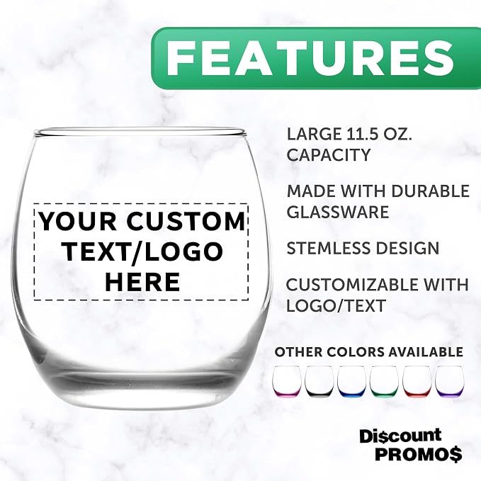 Custom Mikonos Stemless Wine Glasses 11.5 oz. Set of 10/50/100, Personalized Bulk Pack - Restaurant Glassware, Perfect for Red Wine, White Wine, Cocktails - Clear