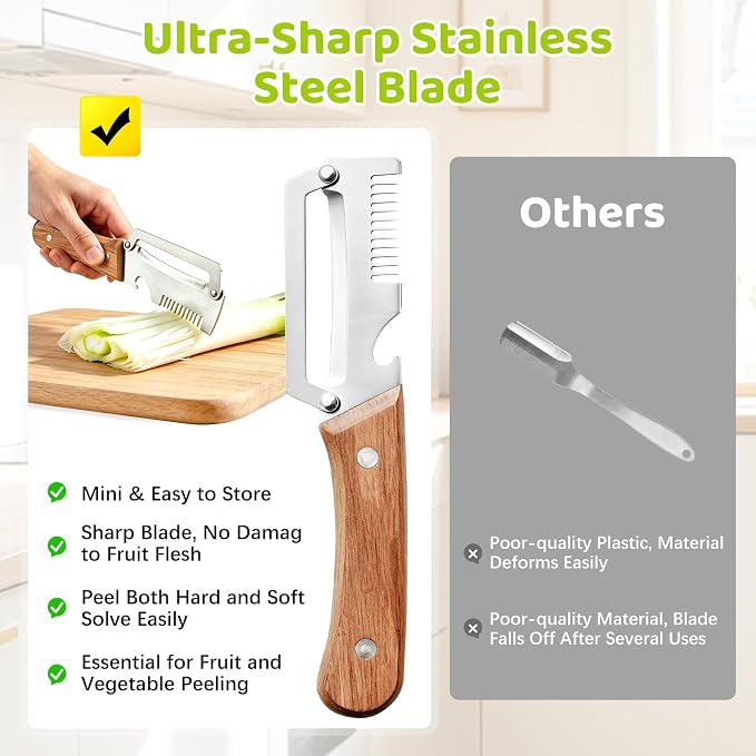 Left & Right Hand Vegetable Peeler Set with Scallion Slicer & Bottle Opener, Heavy-Duty Thick Stainless Steel Blade, Multi-Function Kitchen Peeler with Wooden Handle for Fruits & Vegetables(New 2pcs)