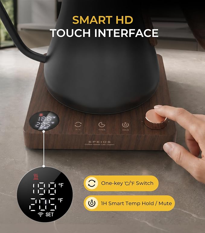 Epeios Gooseneck Electric Kettle with Temp Control,1200W,0.9L,Black Walnut | Rapid Heating, for Pour Over Coffee & Tea,Hot water Boiler,Brew Timer, 304 Stainless Steel Interior, Auto Shut-Off