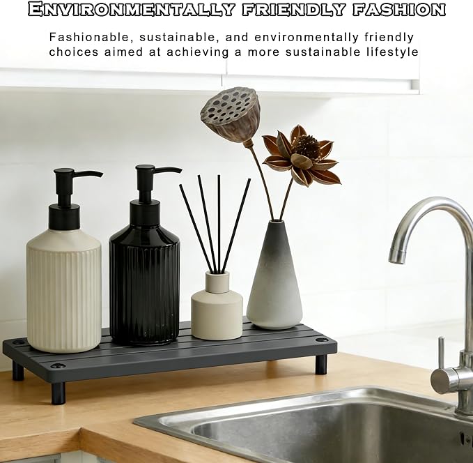 Durable Kitchen Sink Organizer, Instant Dry Sink Caddy for Bathroom Counter, Diatomite Stone Drying Tray, Upgrade Water Absorbing Stone Tray for Sink, Anti-Slip Stone Soap Tray -Dark Gray