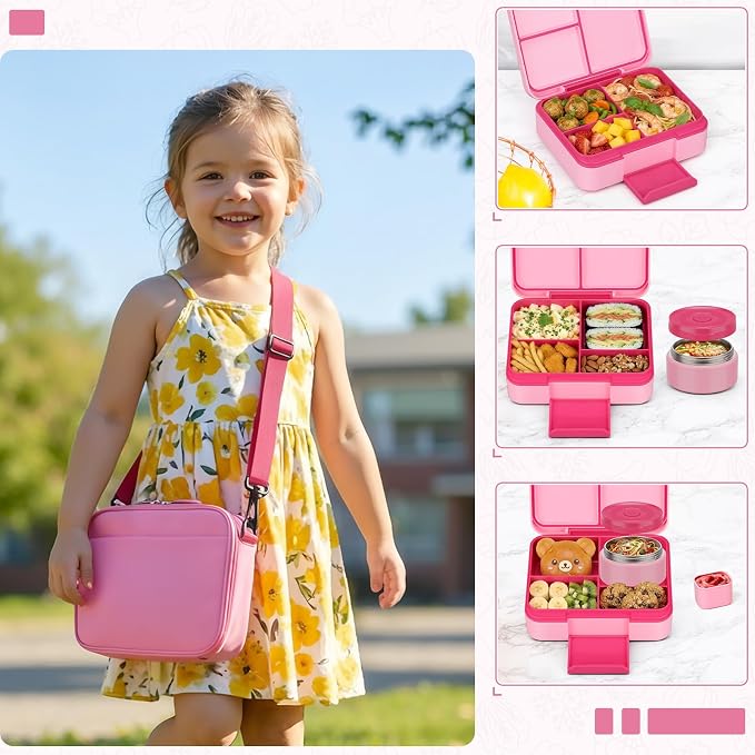 WyfKyd Bento Lunch Box Set with Soup Thermo Food Container for Kids Adults | Bento Box Set with 9.5oz Soup Thermo Kids Leak-proof Lunch Box Container with Insulated Hot Food Jar and Bag for School Pink