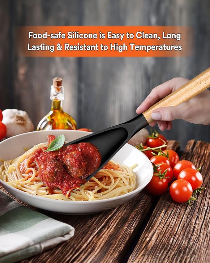 Multifunction Cooking Spoon for Nonstick Cookware,11.4"&13.4",Black | Great for Cooking and Serving, Sturdy BPA-Free Matte Silicone, Wood Handle spoonula for Mixing, Scoop, and Scrape