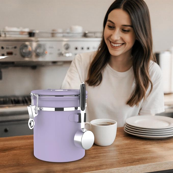 ShanSon Coffee Canister Airtight, Stainless Steel Bean Storage Container with Date Tracker & Scoop, Grounds Sugar Flour Tea Cereal Fits Kitchen Pantry, Ideal Gift for Coffee Lovers,16oz, Purple