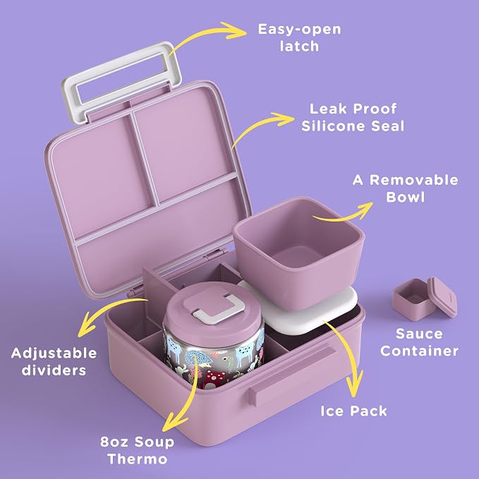 Kids Lunch Bento Box with 8oz Thermo/Ice Pack, BPA-Free, for School | Leak-proof Food Containers with 5 Compartment, Insulated Food Jar, Dishwasher Safe, Easy to Clean, Lunch Box for Girls Boys