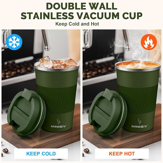 MOMSIV 12oz Travel Coffee Mug, Insulated Coffee Cup with Leak Proof Lid | 6-Hour Heat Retention, 360°Leak proof, Vacuum Stainless Steel Double Walled, BPA-free, Reusable And To Go Coffee Mug