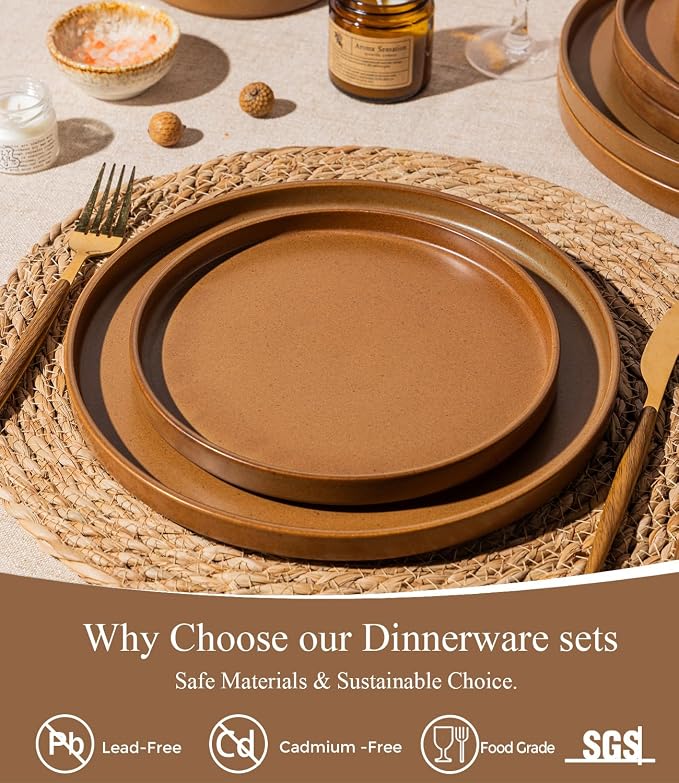 LERATIO Stoneware Dinnerware Sets for 4,12-Piece Matte Plates and Bowls Set | Handmade High Edge Rim Dish Set,Oven & Microwave,Dishwasher Safe,Scratch Resistant--Caramel