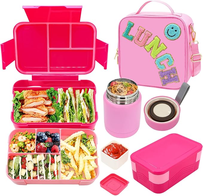 PainZieteg Pink Lunch Box for Girl with 10oz Thermo 6 Compartment Bento Set | Nylon Insulated Lunch Bag with Adjustable Strap, Ideal for Kids and Teens School, Travel and Picnic, Leakproof Thermal Pouch
