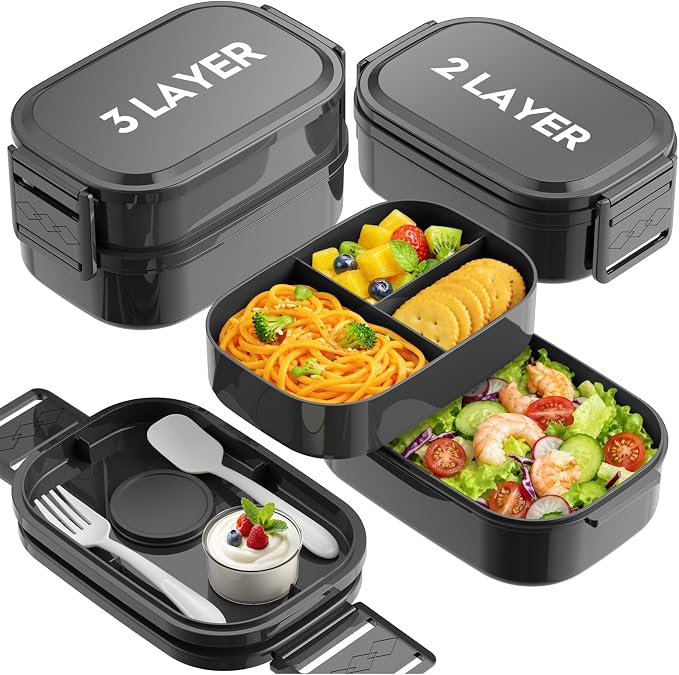 Bento Lunch Box, 65 oz 3-Tier Stackable Lunch Container, Adjustable 2/3 Tier Design, BPA-Free Food-Grade Plastic, Leakproof, Microwave & Dishwasher Safe, Black