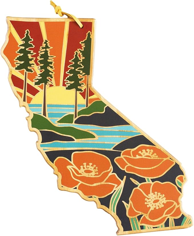 Totally Bamboo California State Shaped Cutting Board, Summer Stokes Art | State charcuterie board with colorful hand-drawn landscape art. Smooth reverse side for food prep. Hang tie for wall display.