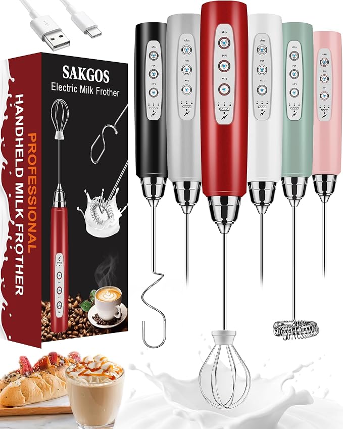 Milk Frother Wand Rechargeable Handheld Electric Whisk 3 Speed Adjustable | Coffee Frother Wand with 3 Stainless Whisks Electric Foam Maker Drink Mixer Blender for Latte Cappuccino Matcha Egg