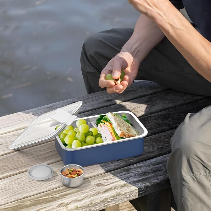 Bakpoco Stainless Steel Bento Lunch Box, 42oz Leak-Proof Metal Lunch Box Containers, Microwave-Safe, with Adjustable Divider, Convenient Lunchbox for Work, Travel