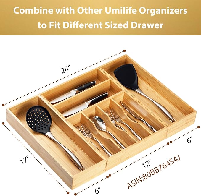 Bamboo Kitchen Utensils Organizer, Extra Long High Silverware Drawer Holder, Flatware Cutlery Storage Box, Multi-Use Drawer Divider in Office, Bathroom, Pantry - 17"x6"x2.5" (Set of 2)