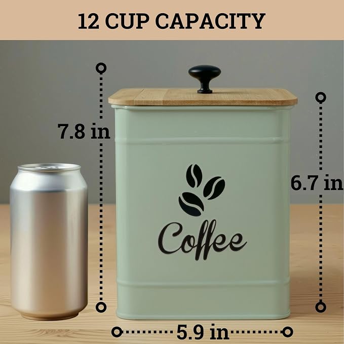 Airtight Coffee Canister 40 oz, 6"x 8" Metal Jar w/ Rubber-Lined Bamboo Lid | 40oz Large Iron, Airtight Coffee Container, Bamboo Lid, Stylish Countertop Container for Coffee Grounds, Beans, Pods & More