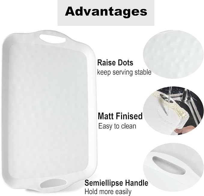 ECOIOU Extra Large Serving Tray with Handles, 20x13 inch, Set of 2 Melamine Platters for Serving Food, Turkey, Cookie, Rectangular Trays for Eating, Raised Dots Matt Finished, Dishwasher Safe, White
