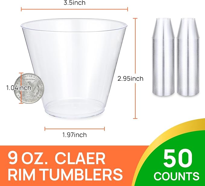 Byvivace 50Counts 9OZ. Clear Plastic Cups, Disposable Cups Classic 9 Ounce Squat Cups Party Tumblers Plastic Wine Glasses Disposable Party Wedding Events