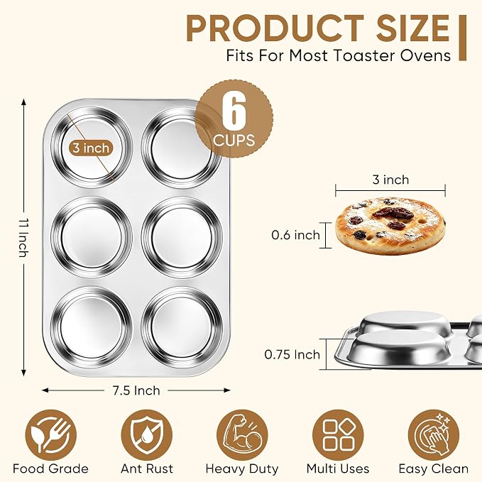 TeamFar Muffin Top Pan, 6 Cavity Stainless Steel Shallow Cupcake Pan | Muffin Tin for Baking Yorkshire Pudding, Whoopie Pie, Egg Bite, Hamburger Bun, Non Toxic & Dishwasher Safe