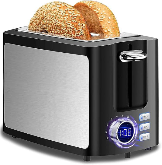Toaster 2 Slice Wide Slot Toaster Best Rated Prime Display Smart Toasters with LCD Digital Countdown Timer and Bagel/Defrost/Cancel/Reheat Function
