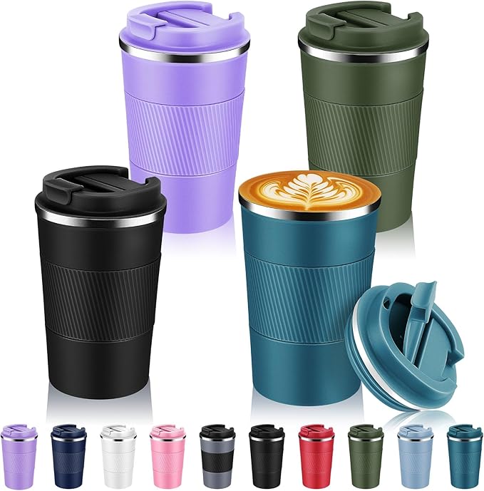 Volhoply 13 oz Stainless Steel Insulated Travel Coffee Mug with Fip Lid Bulk 4 Pack,Reusable Double Wall Vacuum Metal Coffee Cup,Portable Leak Proof Thermal Tumbler for Hot & Cold Drinks(Assorted,4)