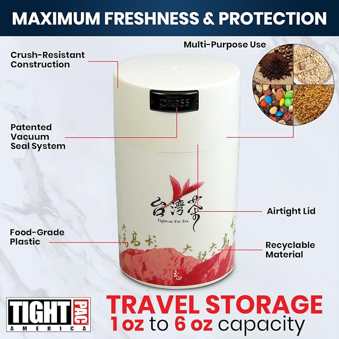 Teavac 6-Ounce Vacuum Sealed Tea Storage Container, White Cap and Body/Red Tea Sign