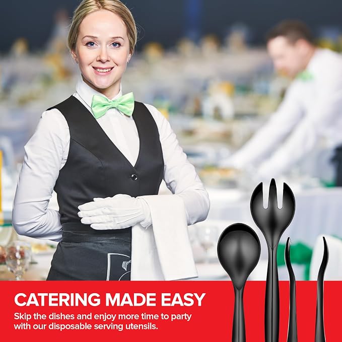 18 Count Disposable Serving Utensils, Black Plastic Serving Utensils Set for Catering Weddings, Holiday Parties, and More, Disposable Serving Spoons for Buffet, Party Utensils, Stock Your Home