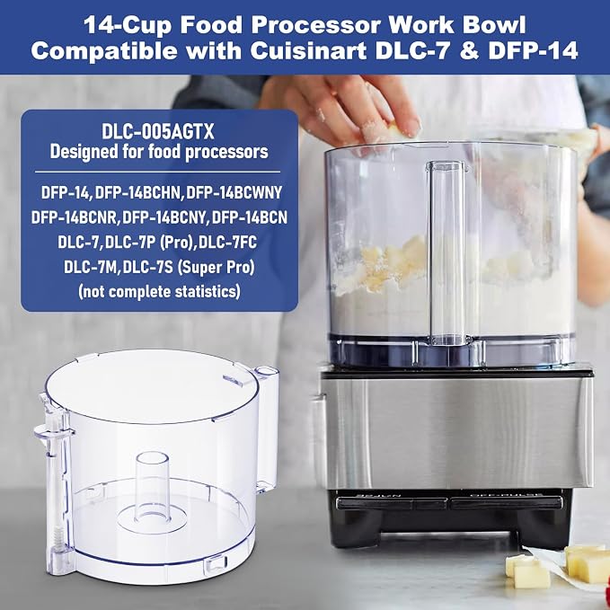 Top with 4 Locking Tabs DLC-005AGTXT1 Food Processor Work Bowl Replacement with Handle 14-Cup Compatible With Cuisinart DFP-14,Fits DFP-14NWBCT1 Work Bowl Cover