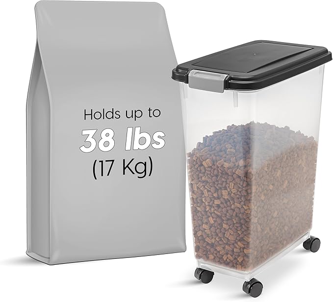 IRIS USA Dog Food Storage Container, Up to 38 lbs, Black, Made in USA | Wheels for Mobility, Airtight Seal, BPA-Free, Best for Bird Seed, Cat food, Cat Litter, Chicken Feed, Pellets