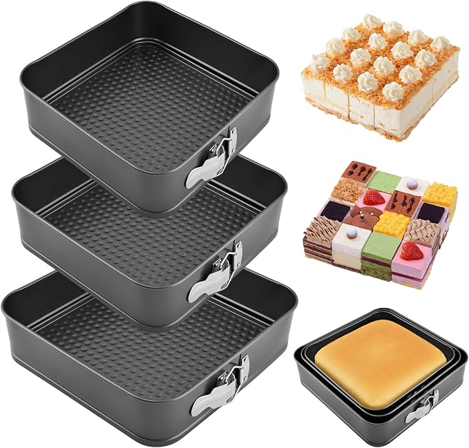 Springform Pan Set of 3 (9,10,11 Inch) - Square Shaped Leakproof Cheesecake Pans with Removable Bottom, Nonstick Carbon Steel Cake Tin for Valentine‘s Day, Anniversary Baking (Square)