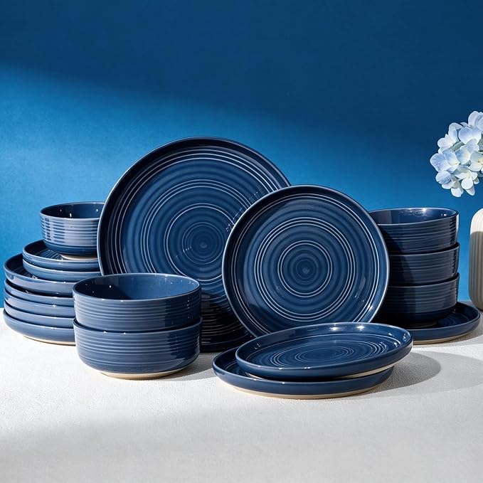 Dinnerware Set for 6, Ceramic Plates & Bowls, Abyssal Blue | 18-Piece Ceramic Speckled Spiral Dishes, Chip & Scratch Resistant, Microwave & Dishwasher Safe, Everyday Use, Farmhouse Style