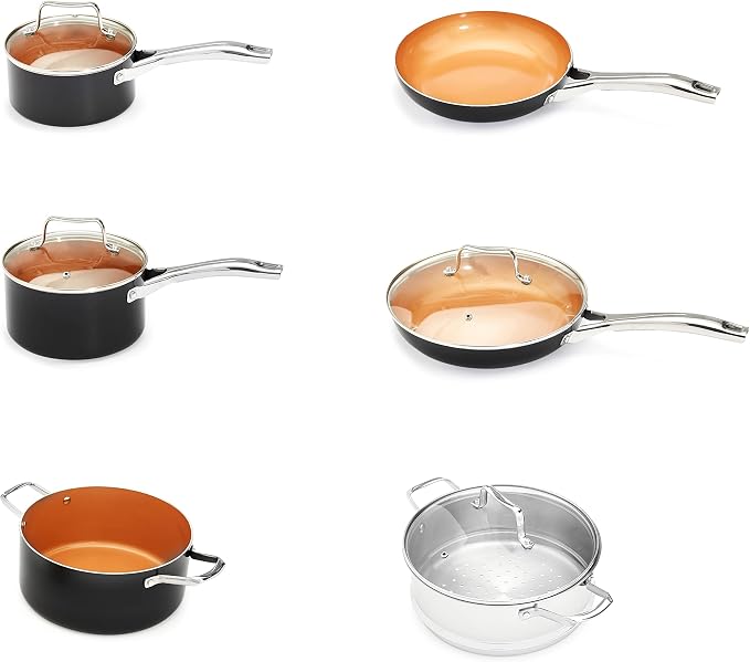 Amazon Basics Ceramic Nonstick Cookware Set, Induction Ready, Dishwasher & Oven Safe, Even Heating, 10-Piece Set with Frying Pans, Saucepans, Glass Lids, Copper Color